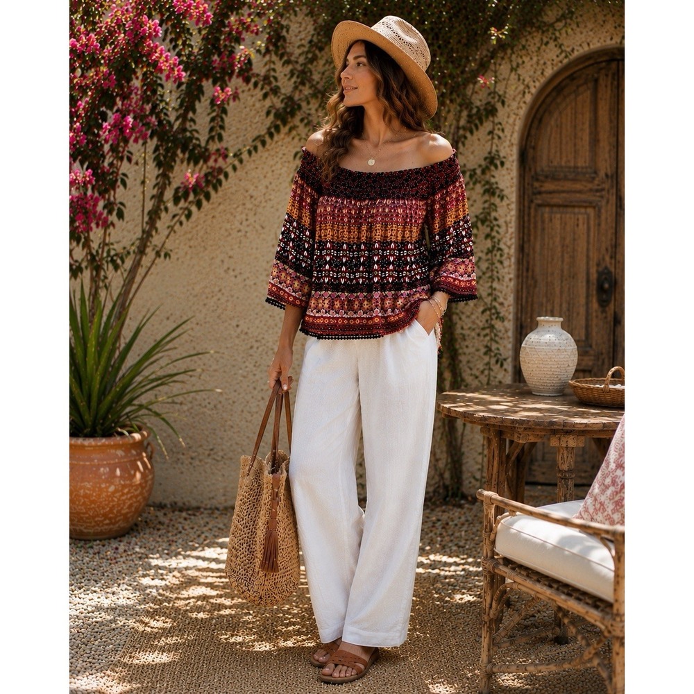 John Paul Richard Festival Artsy Striped Top Hippie Boho White Peasant PP30